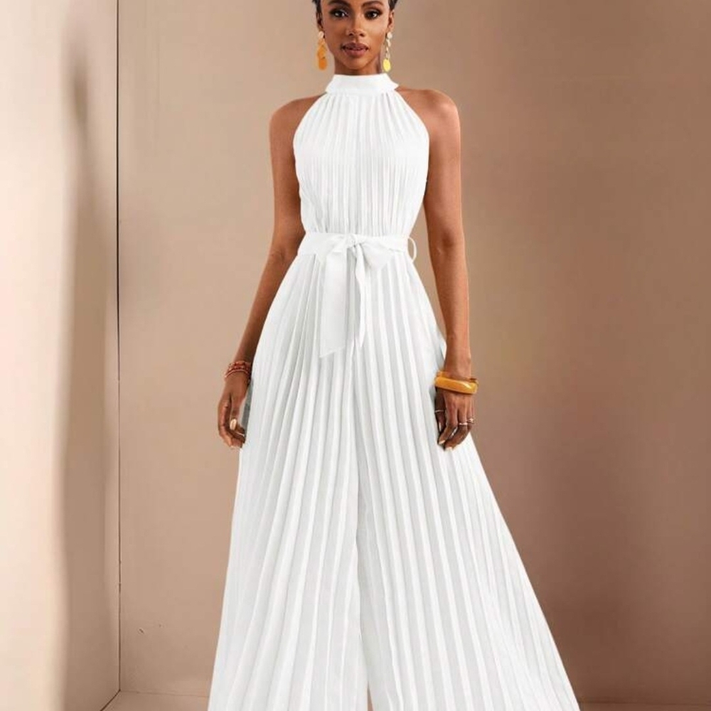 SHEIN White Halter Pleated Jumpsuit